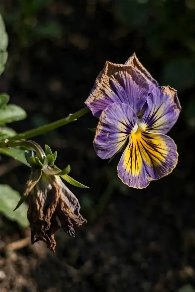 Spent pansy bloom beside a fresh flower on the plant