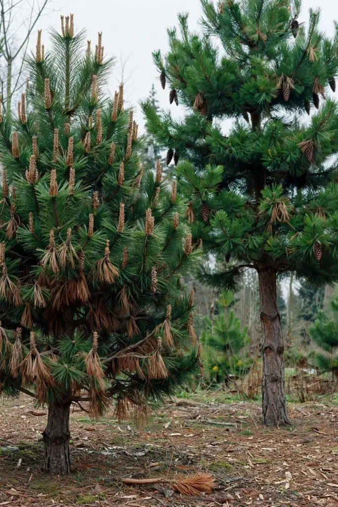 Austrian pines with brown dead shoot tips in the lower crown beside sound trees.