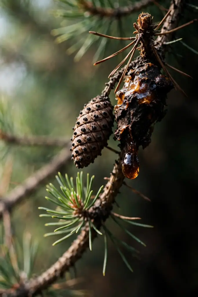 Pine branch with a resinous canker and a dead cone dotted with black pycnidia.