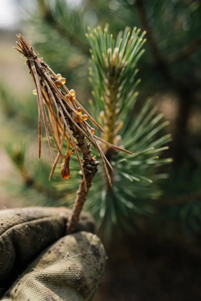 Dead pine shoot tip held up for a field decision by a worn garden mitt.