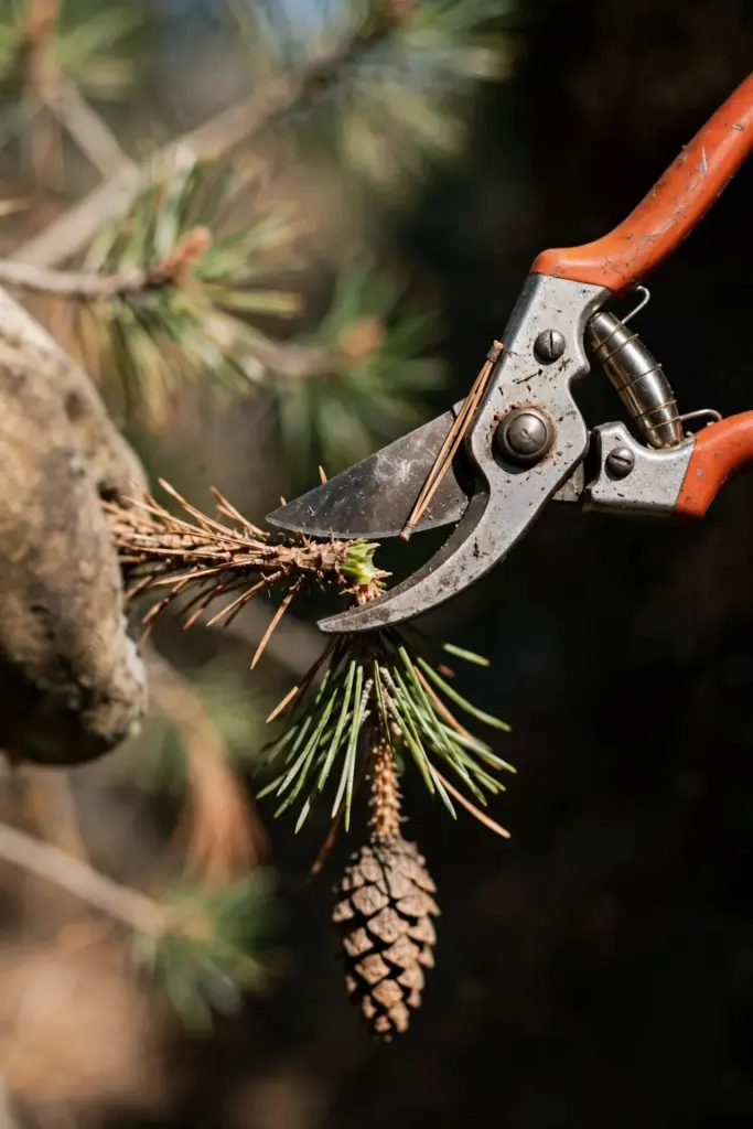 Pruning shears cutting a dead pine shoot, steadied by a worn garden mitt.