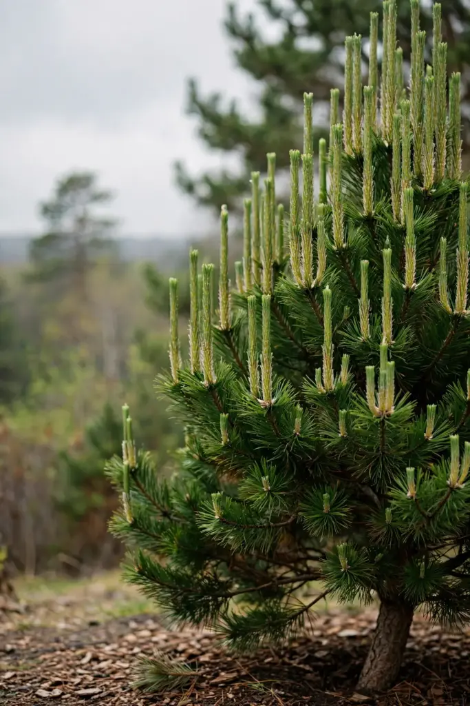 Healthy pine crown with long green candles under an overcast sky.