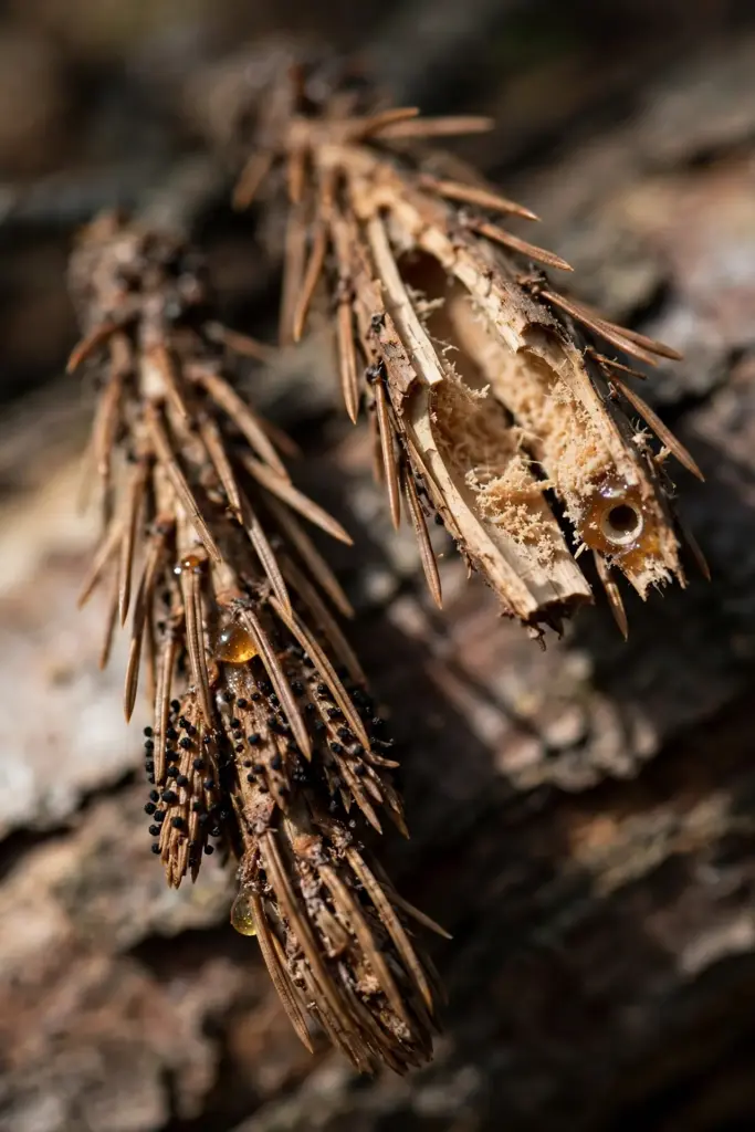 Two dead pine shoot tips side by side, one solid and resinous, one hollowed open.