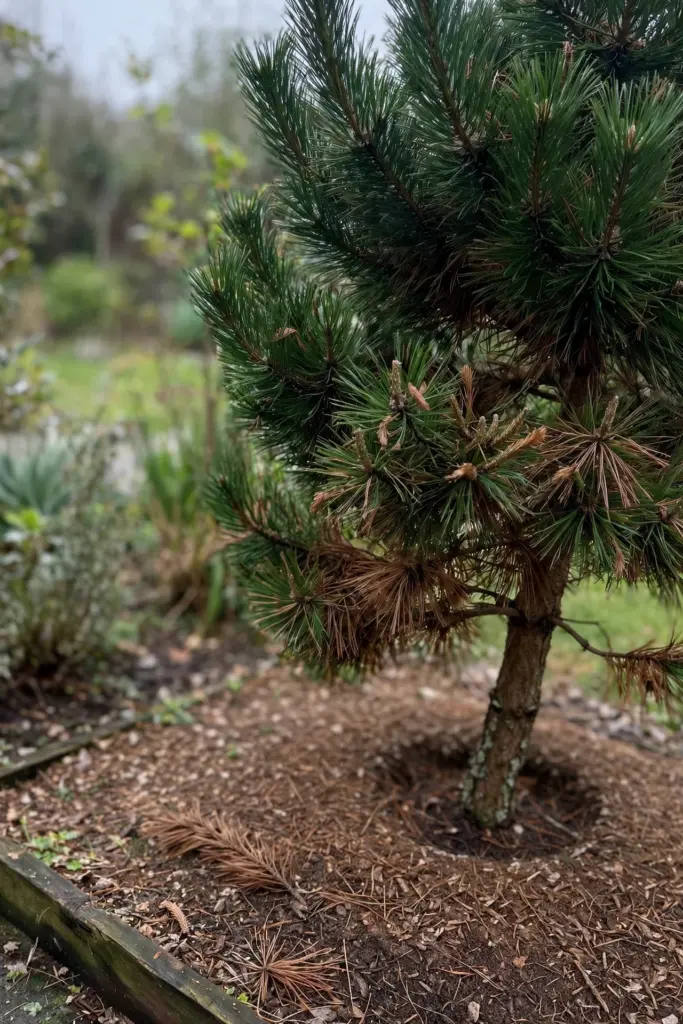 Pine with a mostly live crown and some brown tips above a mulched root zone.