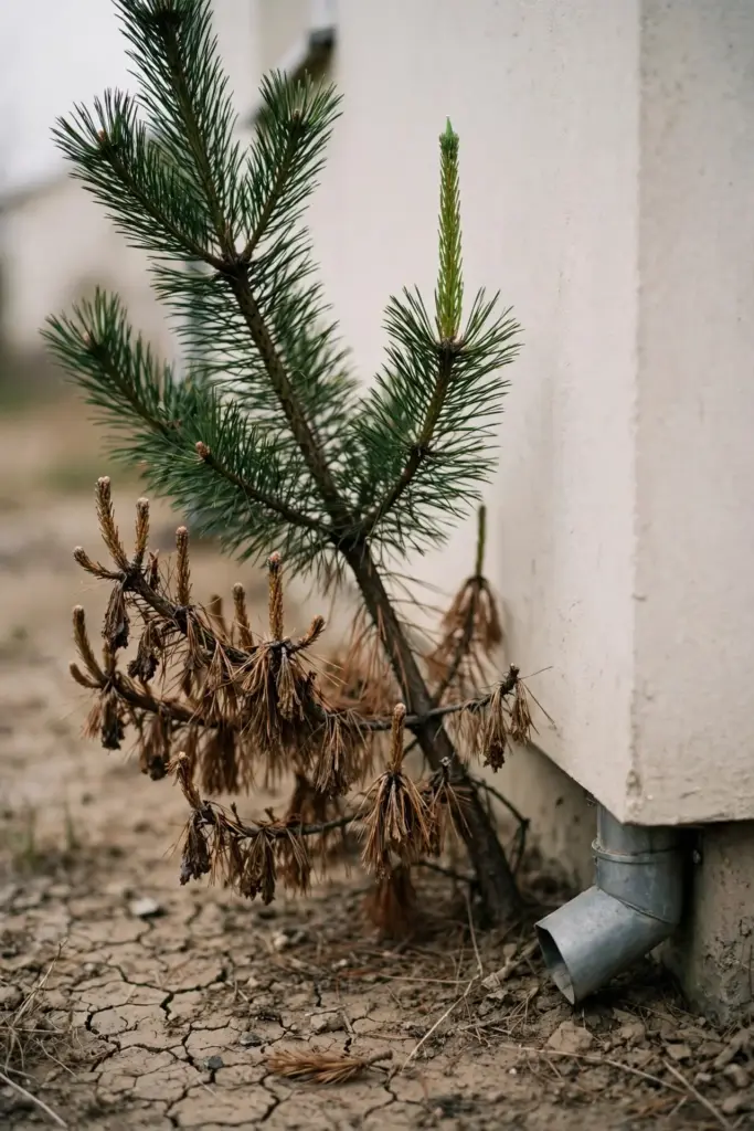 Pine beside a house wall with dry soil and brown shoot tips in the lower crown.