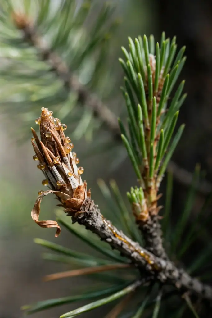 Stunted brown pine candle with short needles and resin beads beside a sound candle.