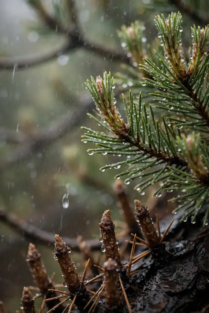 Rain droplets on pine candles during a wet spring, with brown tips below.