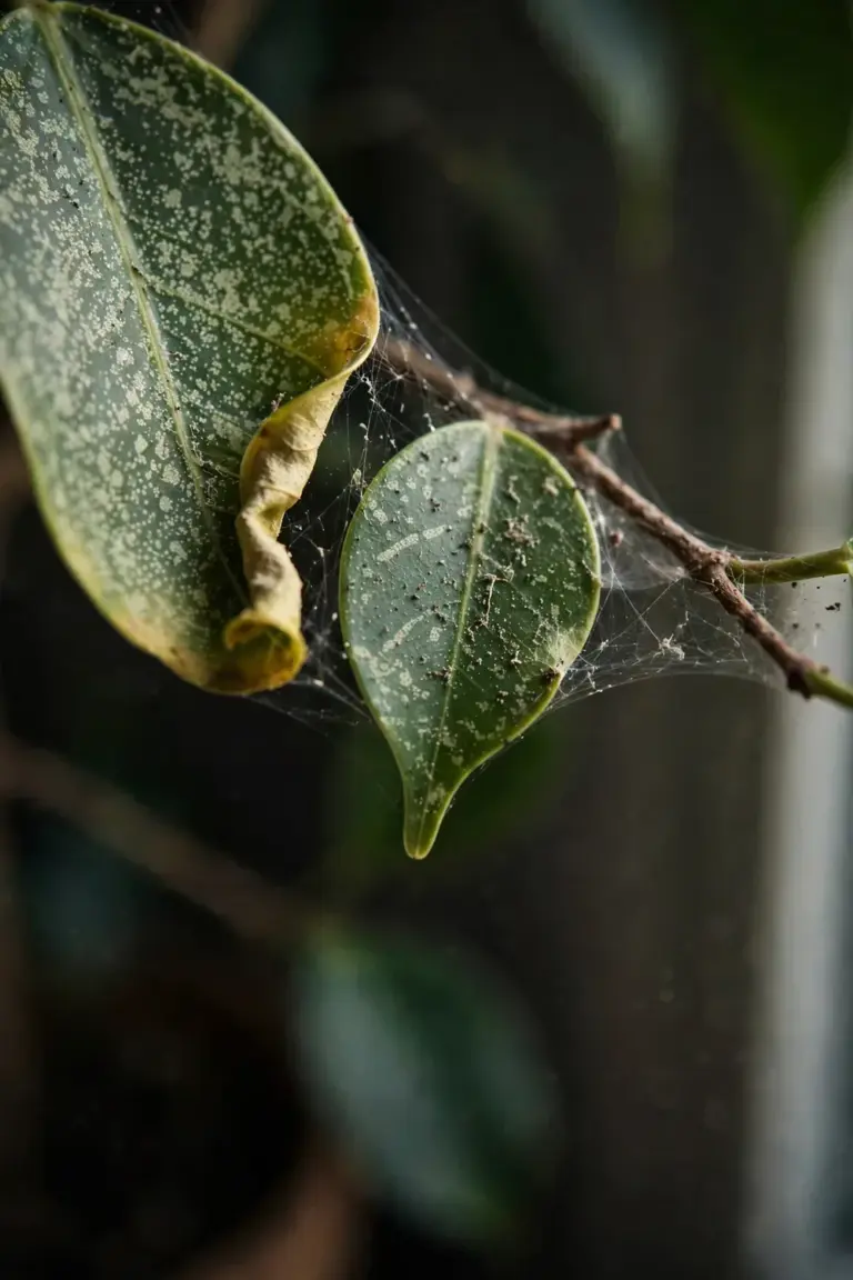 Bonsai leaves with stippled yellowing and fine webbing from spider mites
