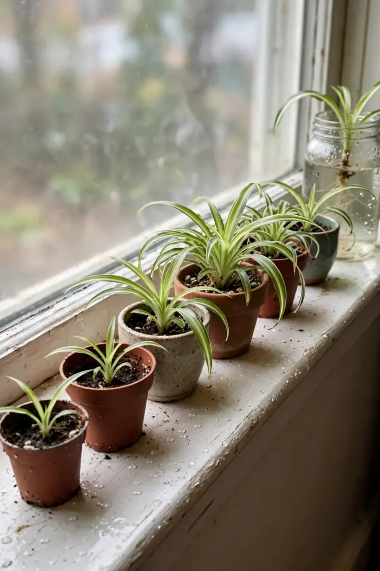 Row of potted spider plant babies in different sizes on a bright windowsill