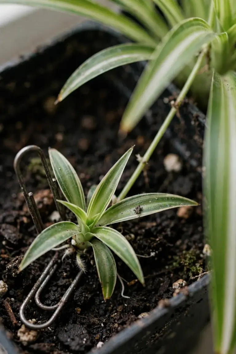 Spider plant baby pinned to soil with a paperclip while still attached to mother