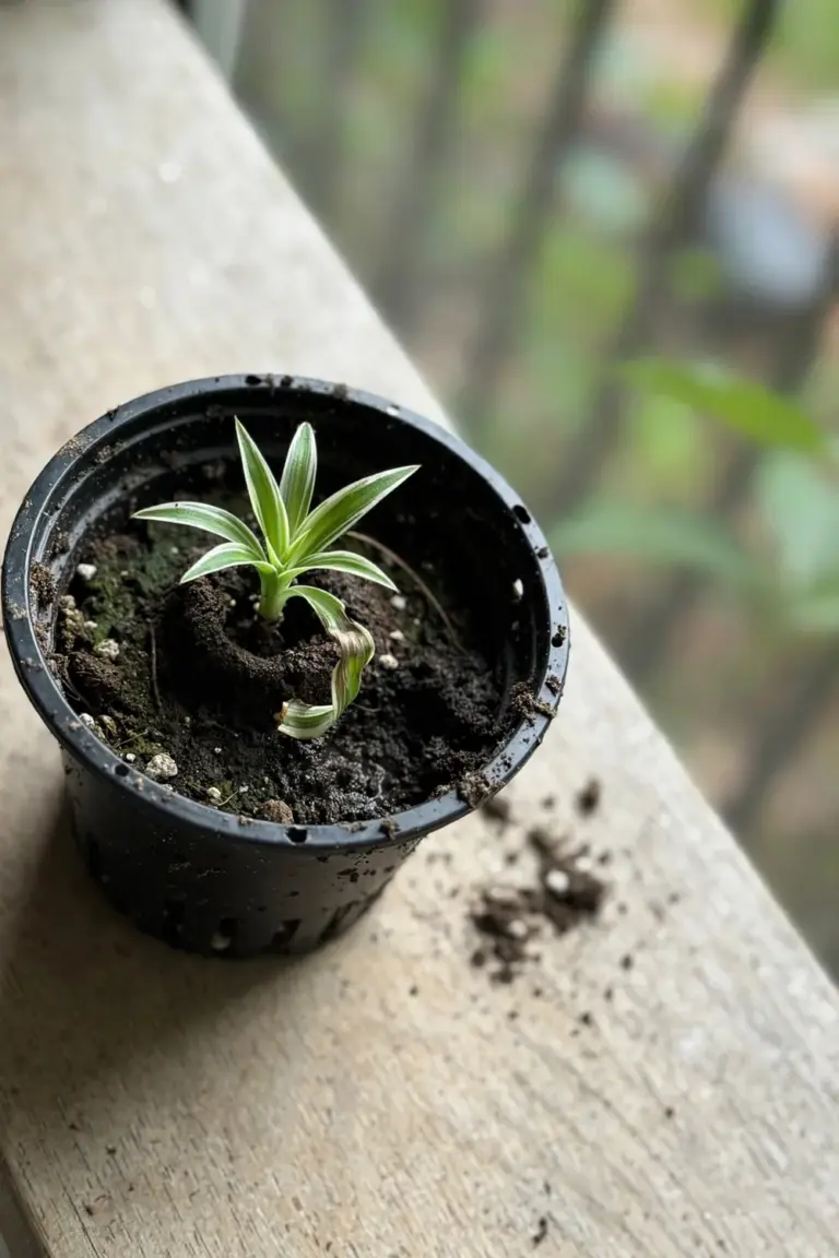 Newly potted spider plant baby in a small nursery pot with moist mix