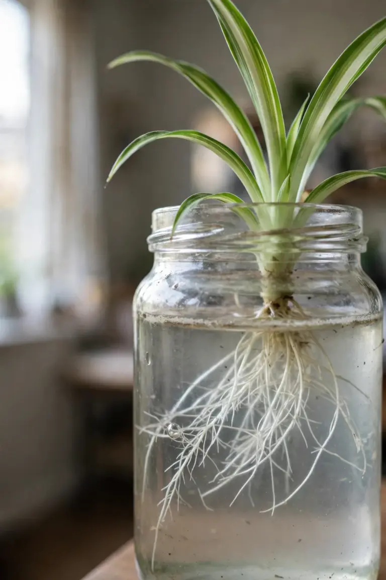 Spider plant baby rooting in a glass jar of water with new white roots