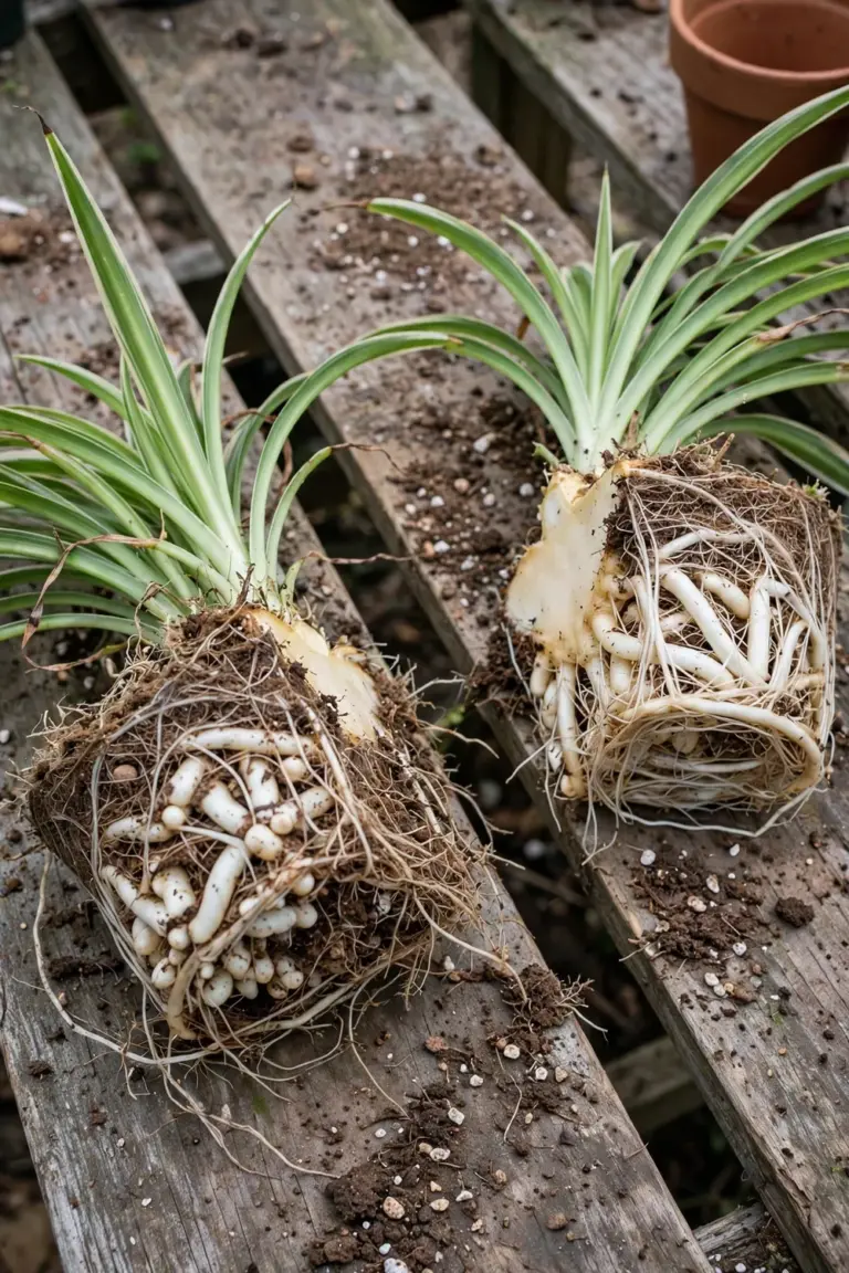 Spider plant root ball divided into two halves showing tuberous roots