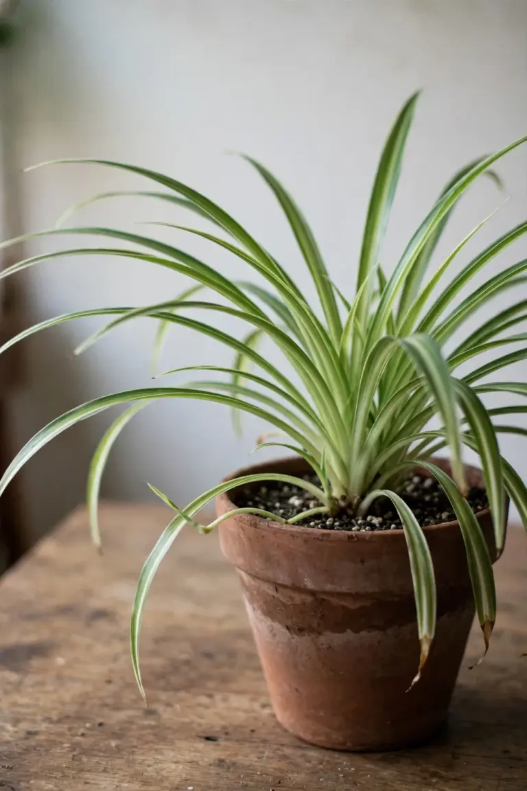 Whole spider plant with arching striped leaves in a terracotta pot