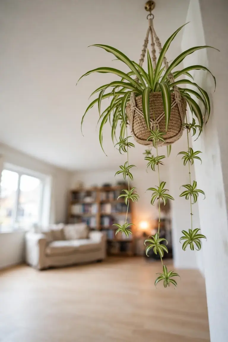 Spider plant hanging high in a bright room corner out of pets' reach