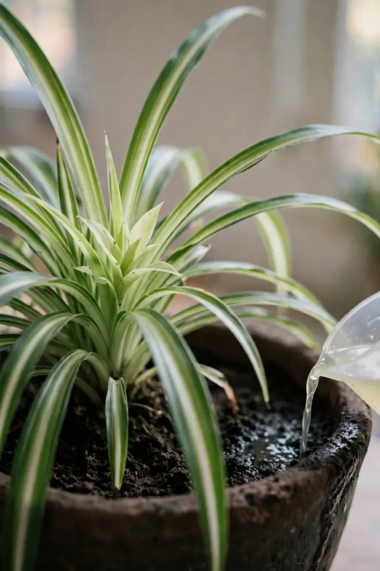 Spider plant receiving diluted liquid fertilizer poured at the pot edge