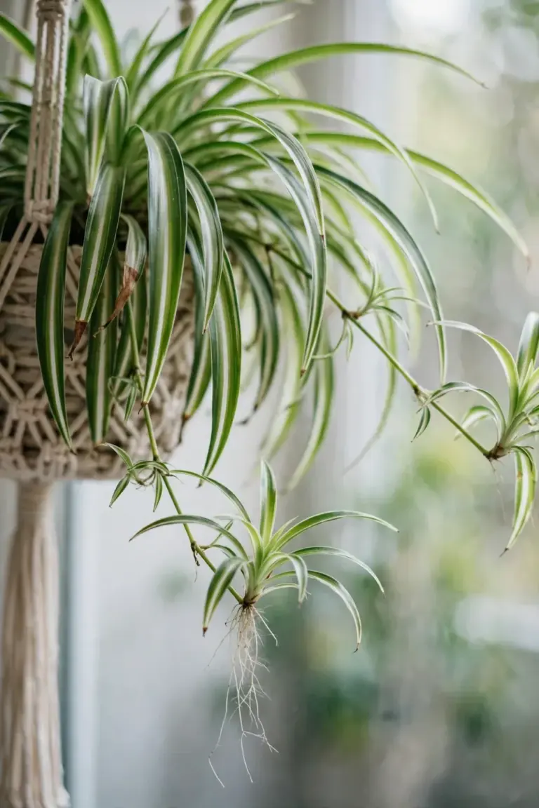 Spider plant with striped leaves and baby plantlets cascading from a hanging basket