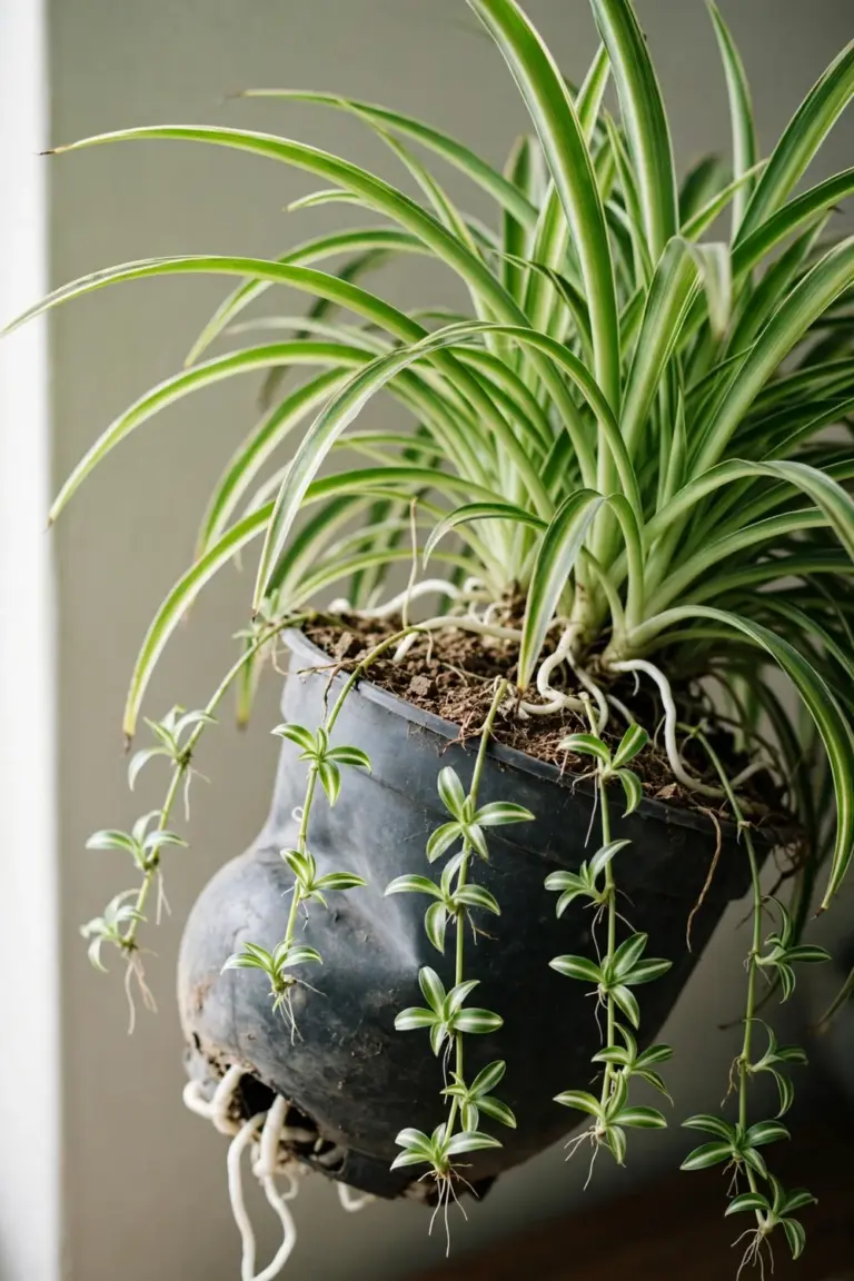 Root-bound spider plant with runners, babies, and tuberous roots at the surface