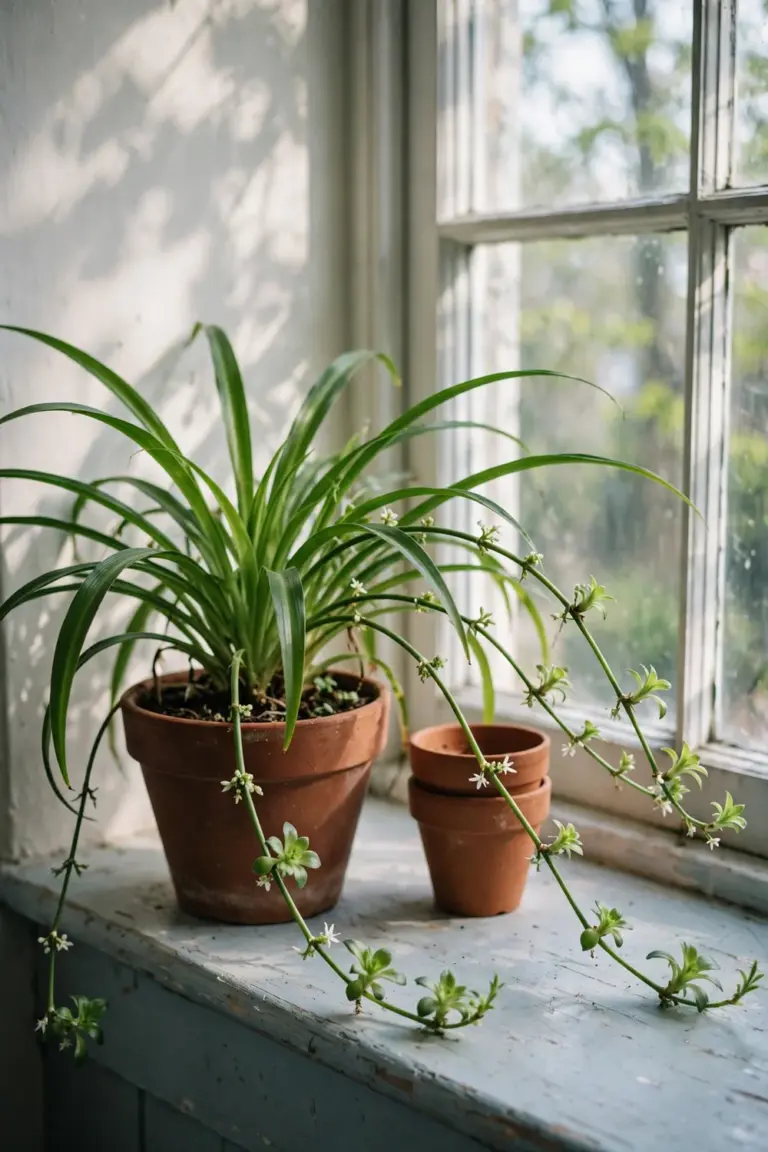 Spider plant on a spring windowsill pushing out new runners with flower buds