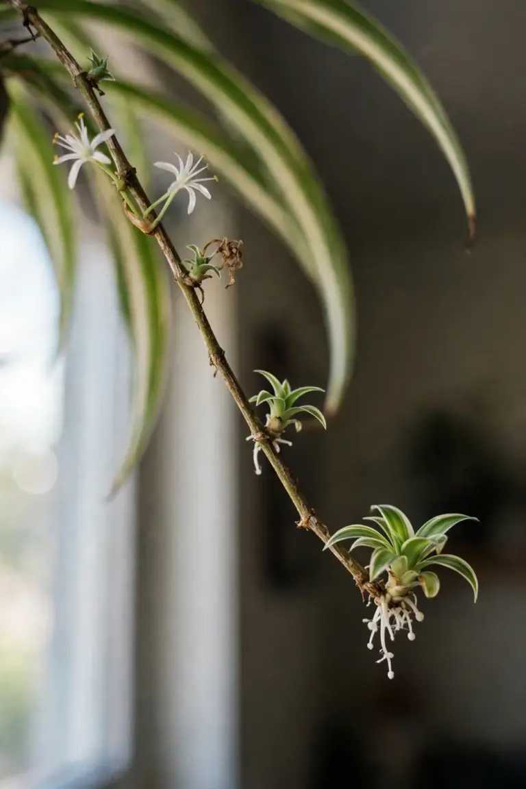 Spider plant stolon with white star flowers and baby plantlets with root nubs