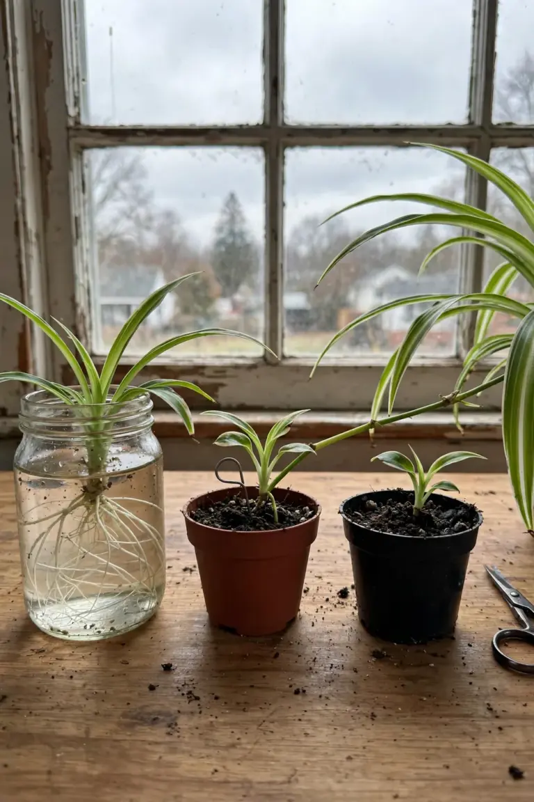 Three spider plant babies propagated in water, attached, and in soil side by side