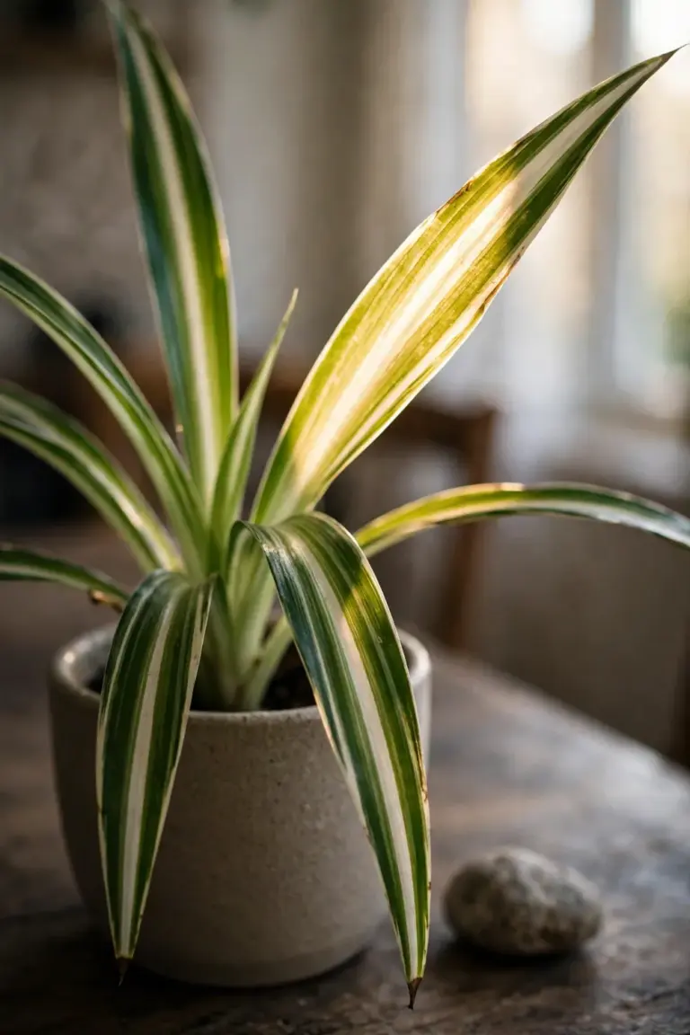 Backlit variegated spider plant leaves with white center stripes in ceramic pot