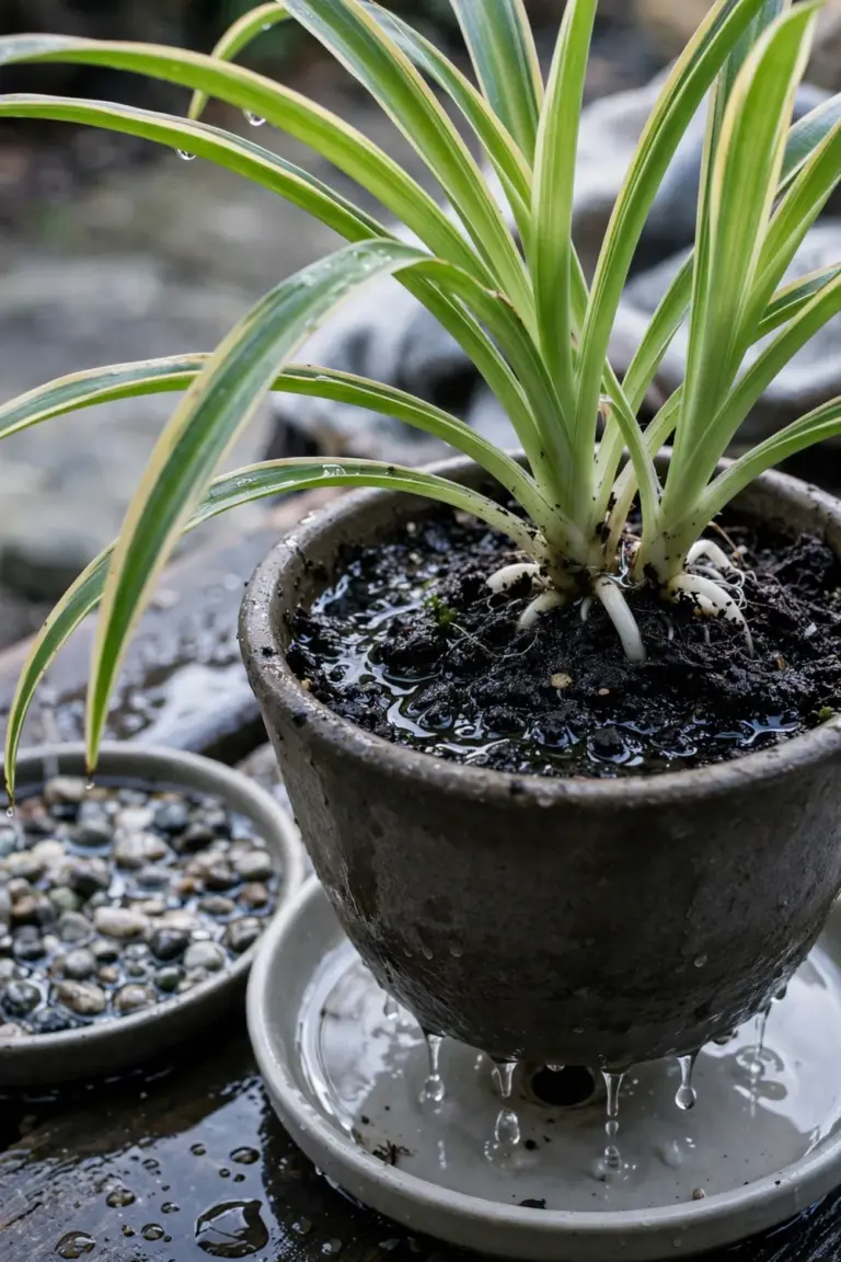 Spider plant pot with moist soil and water draining into a saucer after watering