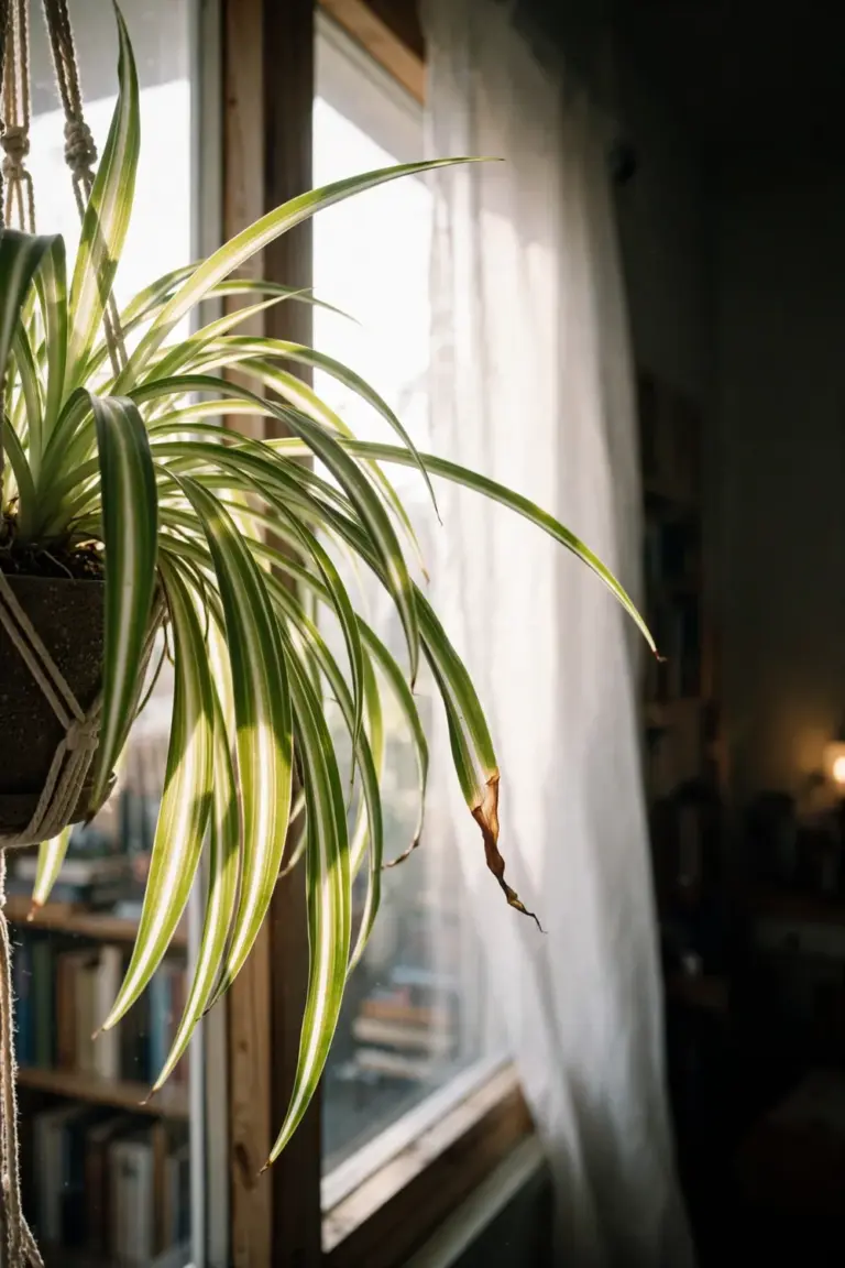Spider plant in hanging basket backlit beside a bright window with sheer curtain