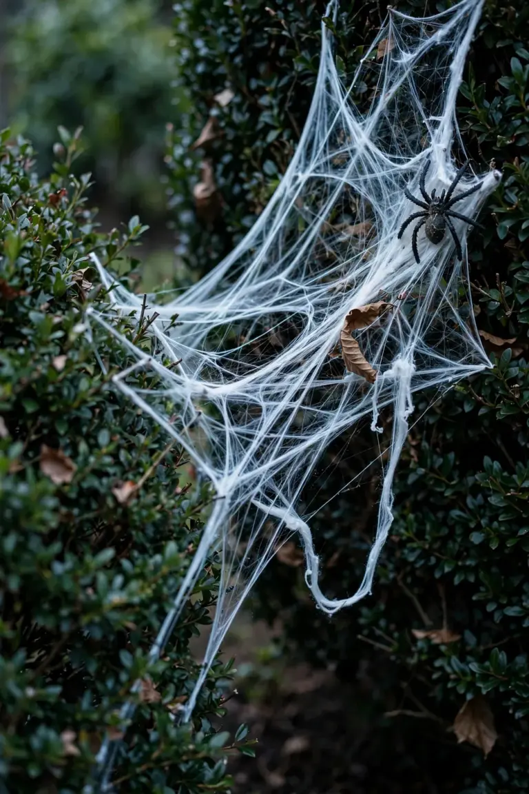 Stretched fake spider webbing draped between two garden shrubs with a large plastic spider