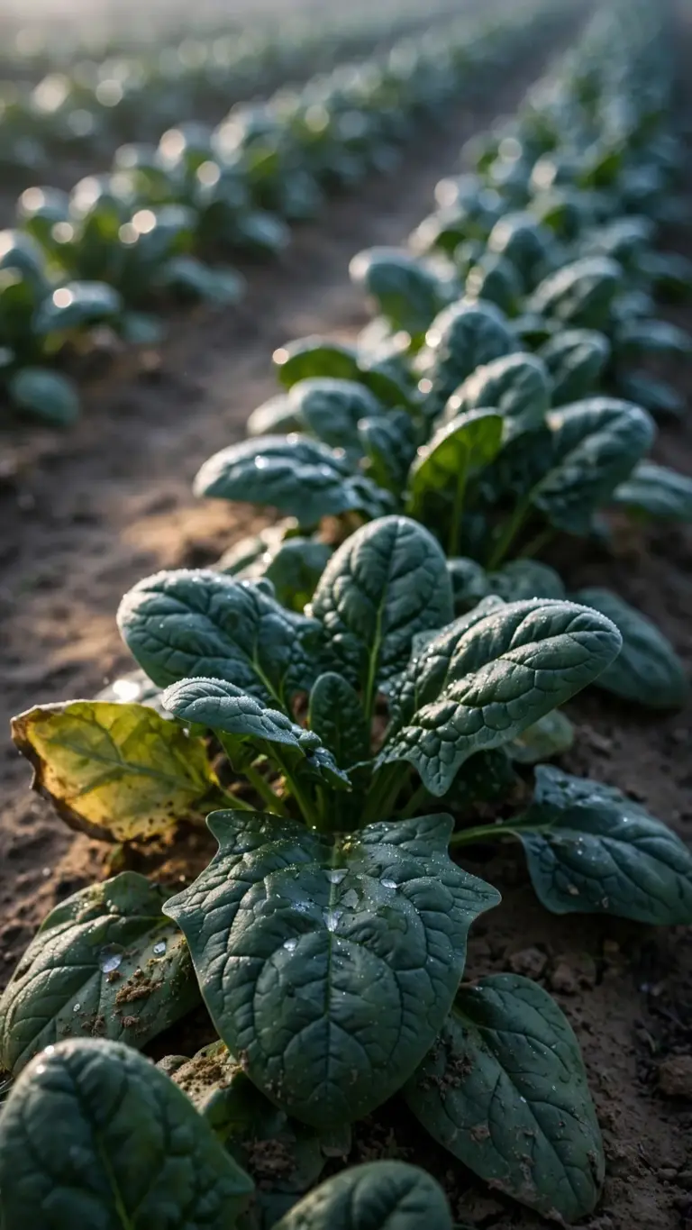Dark green spinach row with morning dew on the leaves