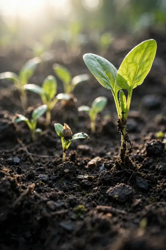 Spinach seedlings at successive stages pushing through dark crumbly soil