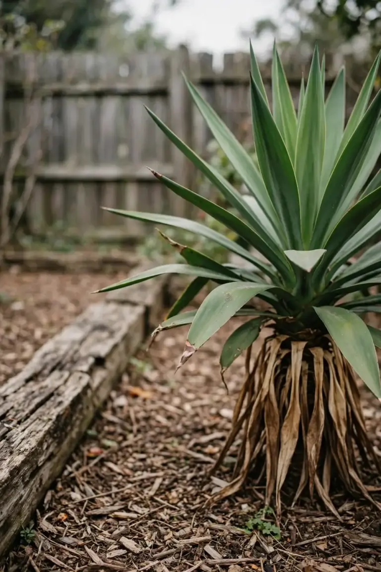 Spineless yucca with broad smooth sword leaves and a woody trunk in a garden bed