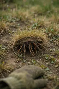 Turf plug with short cropped roots held over a lawn thinned in patches by spiral nematode