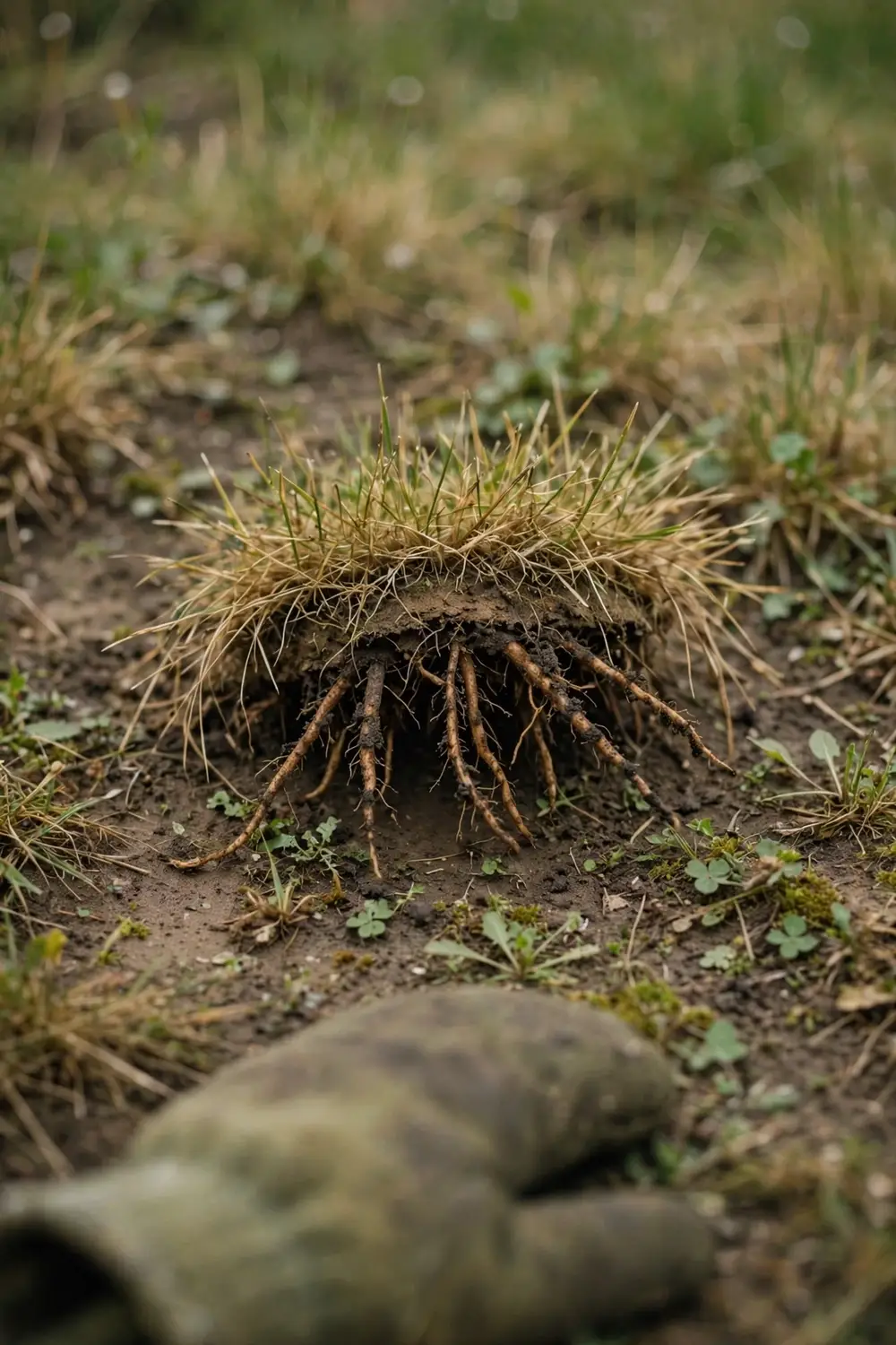 Turf plug with short cropped roots held over a lawn thinned in patches by spiral nematode