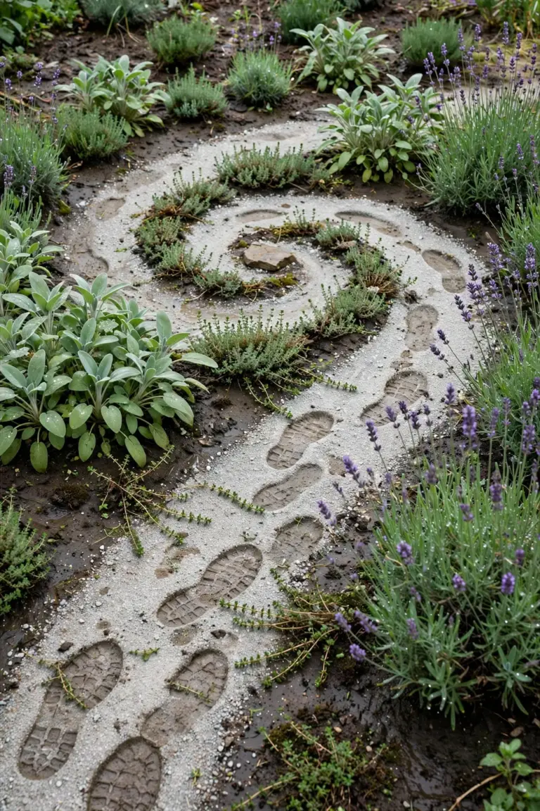 A gravel spiral path winding through a planted herb bed edged with low thyme