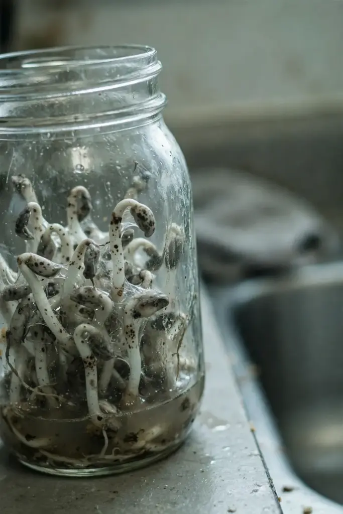 Failed sprout batch with slimy discolored sprouts in a jar