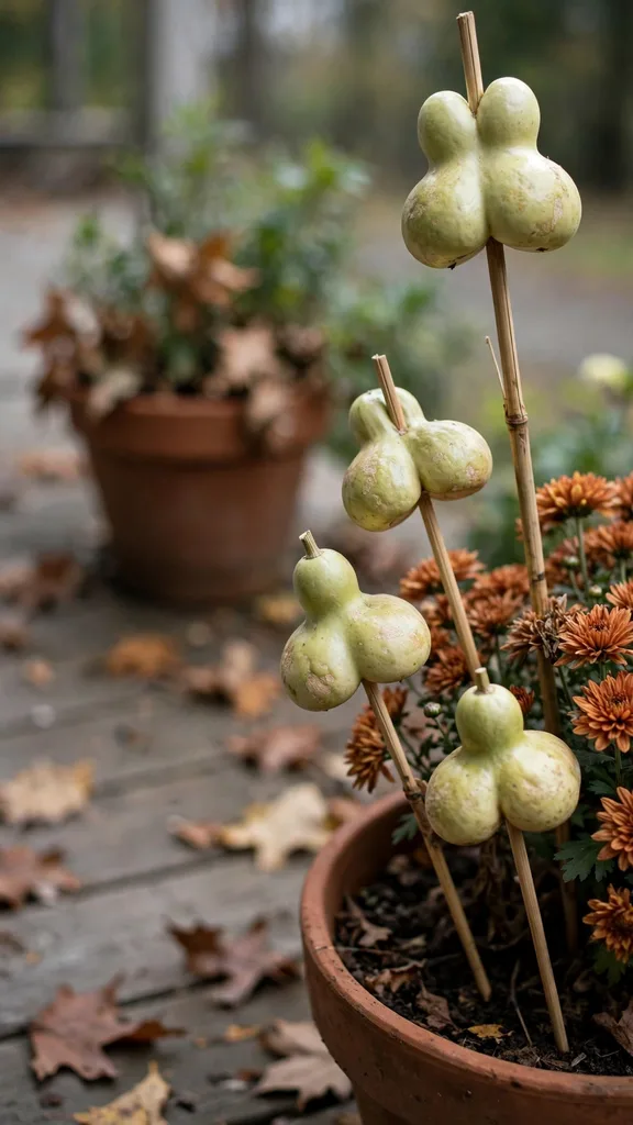 Spoon gourds on bamboo skewers above mums in a fall planter