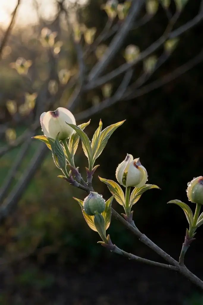 Dogwood buds opening with expanding leaves at bud break.