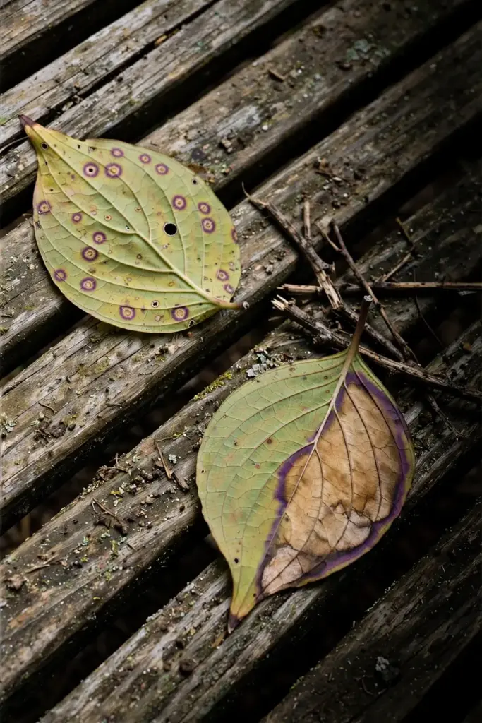 Side-by-side dogwood leaves: small round spots beside a large tan blotch.