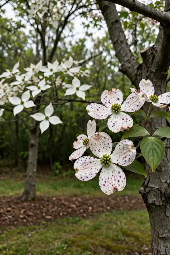Flowering dogwood with spotted bracts beside a cleaner Kousa dogwood.