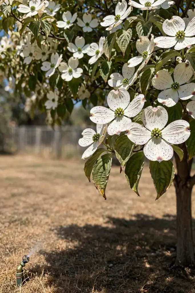 Dogwood in full sun with spotted bracts and a dry lawn beneath.