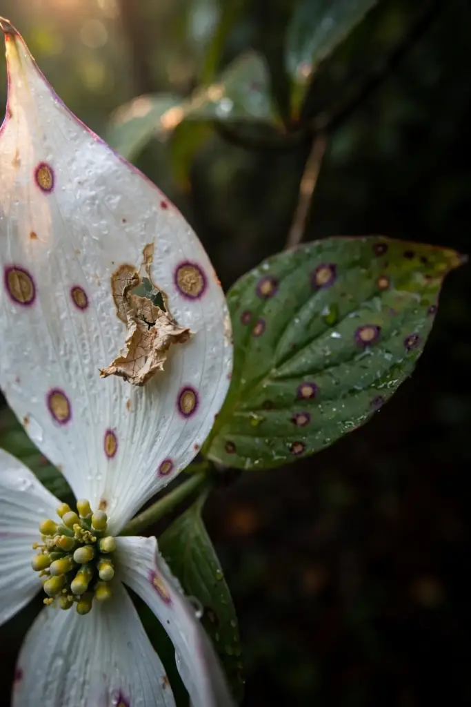 Purple-bordered spots with tan centers on a dogwood bract and leaf.