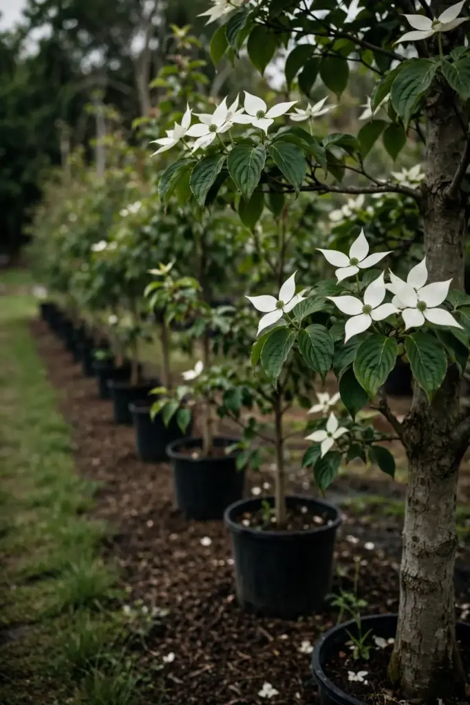Kousa dogwood row with pointed white bracts at a nursery bed.