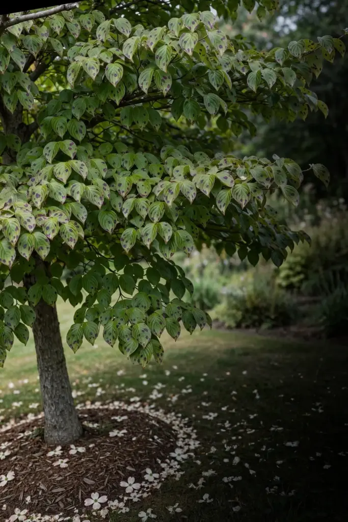 Flowering dogwood with spotted leaves and a full green canopy.