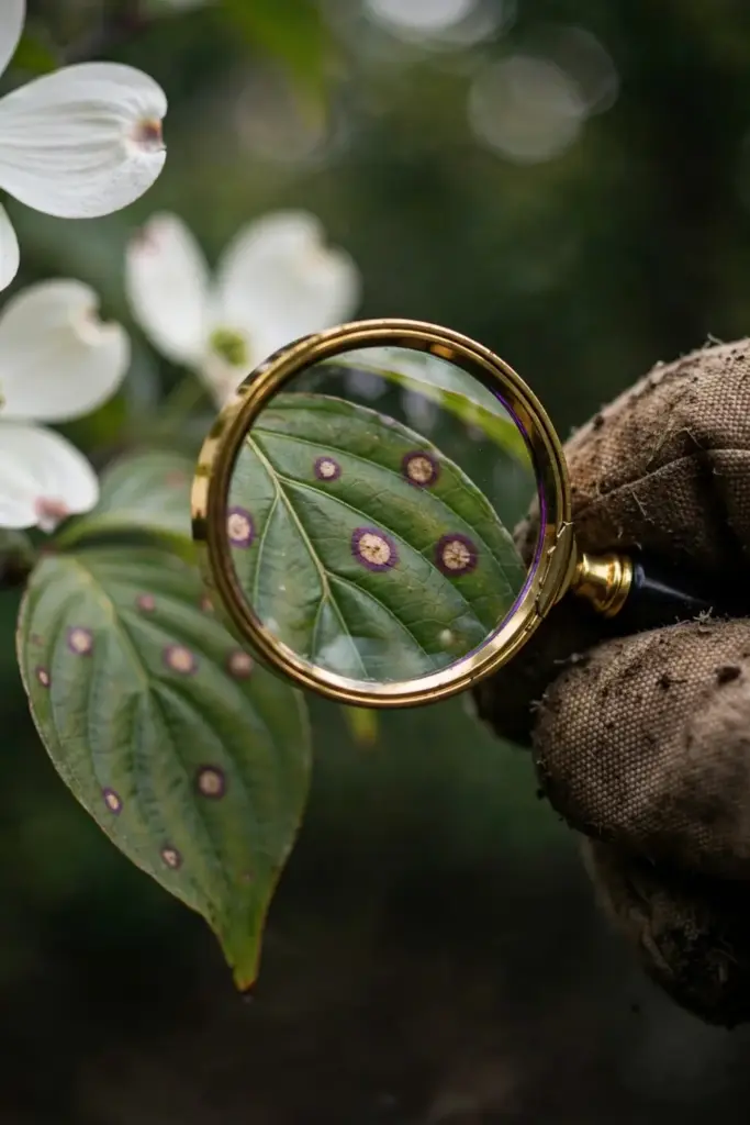 Magnifier over a spotted dogwood leaf, gripped by a worn garden mitt.