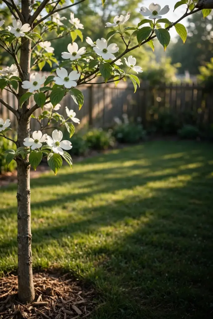 Young dogwood in morning sun with afternoon shade falling across the lawn.