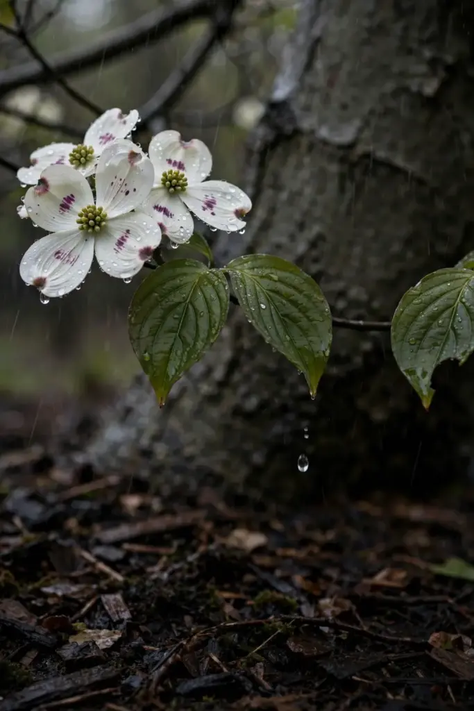 Dogwood canopy in spring rain with droplets beading on spotted bracts.