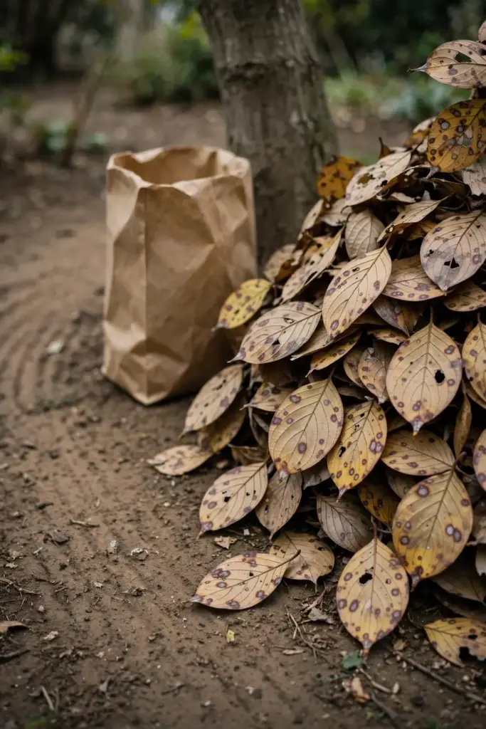 Raked pile of spotted dogwood leaves beside a paper yard-waste bag.