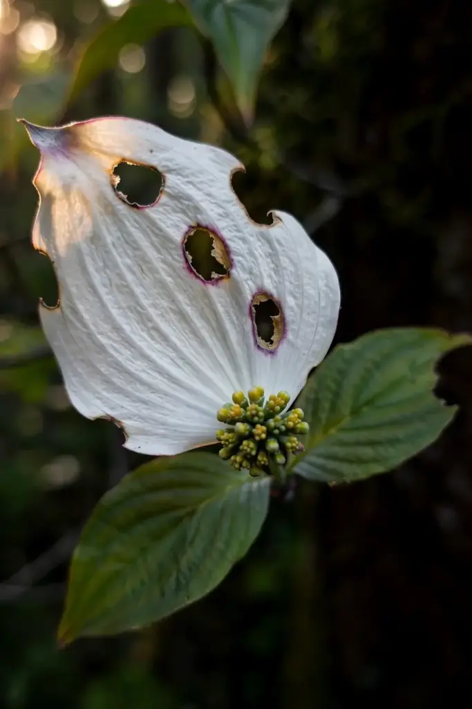 Dogwood bract with shotholes where spot centers fell out.