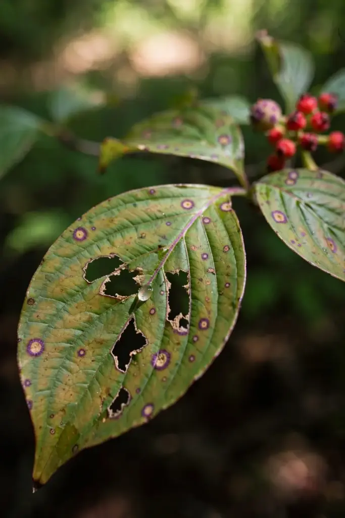 Dogwood leaf with shotholes where spot centers fell out.